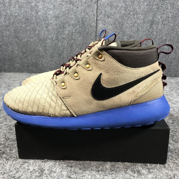Nike Roshe Run Mid Sneaker Boot Shoes Mens Size 9.5 Beige Blue Suede 615601-200 - Picture 5 of 16